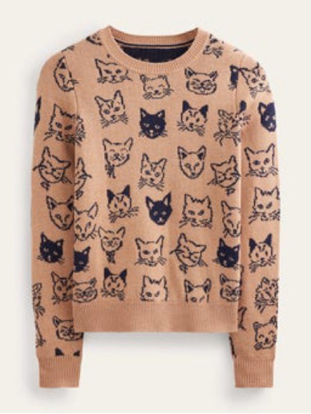 Boden Heather Jacquard Cat Sweater Camel Navy Wool Cashmere XS - Picture 2 of 10